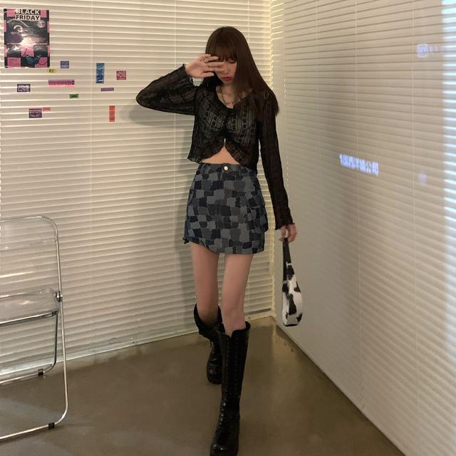 Set Áo Ren Lưới + Quần Short Denim Giả Váy Thời Trang Cho Nữ