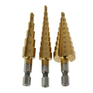 Bộ 3 mũi khoan tháp 4-12mm; 3-12mm; 4-20mm phủ titan chuôi lục giác 6.35mm