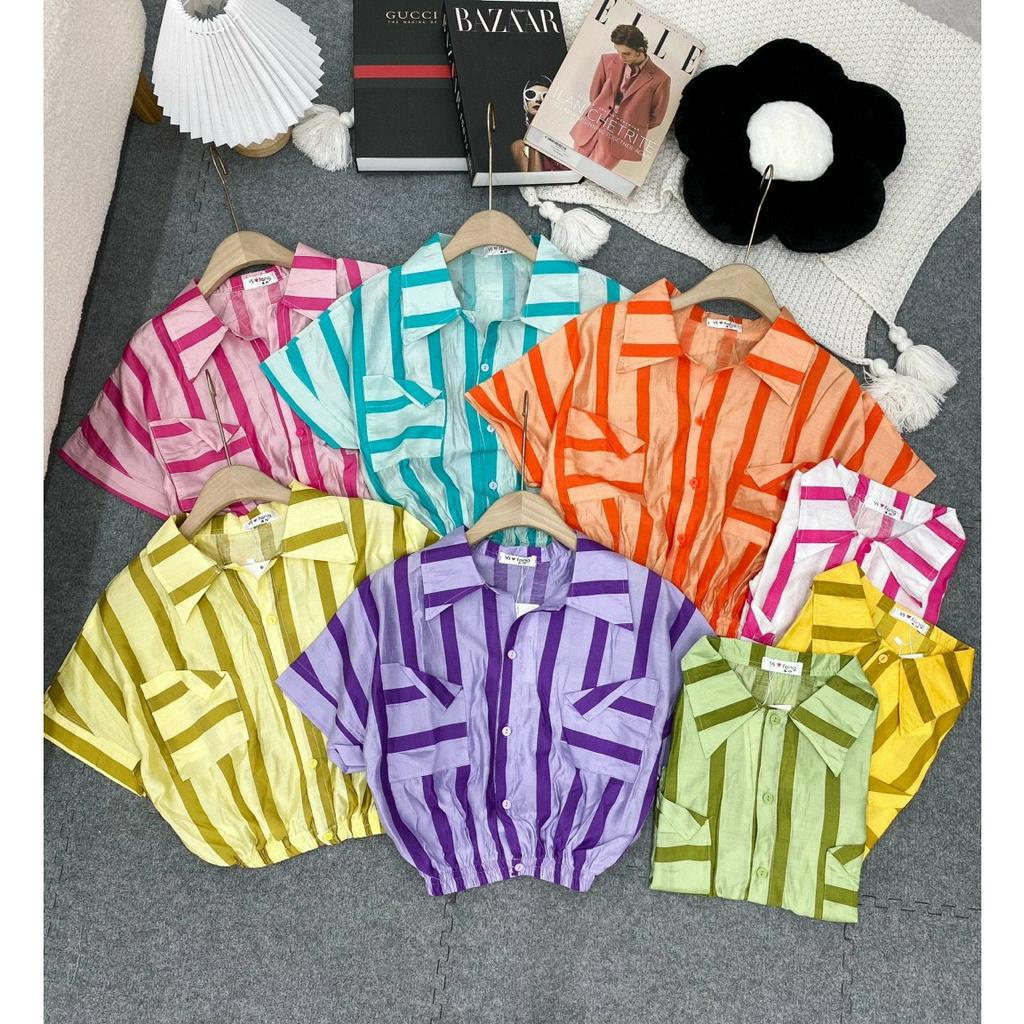 Áo sơ mi nữ cộc tay bo gấu Thoyeufashion, Sơmi kẻ nhiều màu tay hến đi biển đi chơi siêu xinh