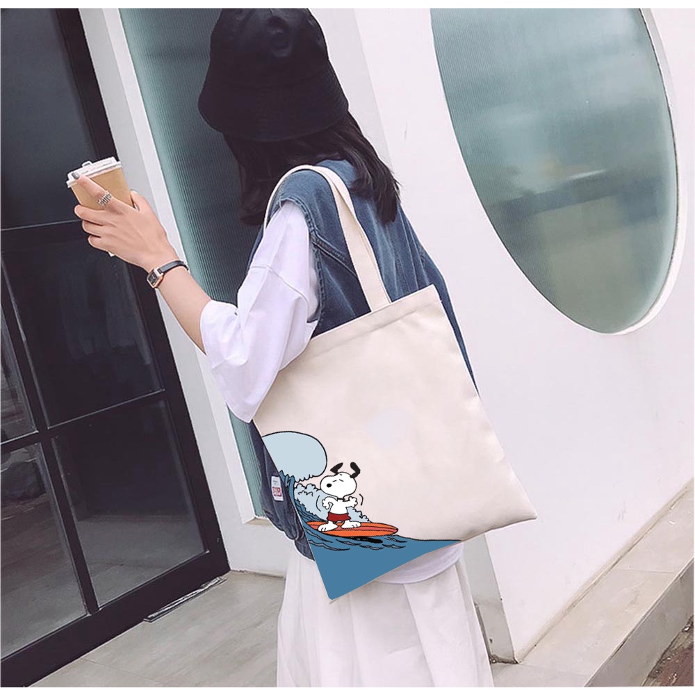 Túi tote vải mộc GINKO có dây kéo khóa ( có túi con bên trong) in hình Snoopy and Friends M98