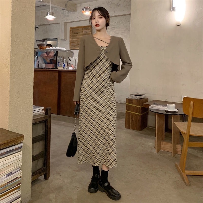 Set Áo Khoác Và Đầm Hai Dây Họa Tiết Sọc Caro Phong Cách Pháp Cổ Điển Thời Trang Mới