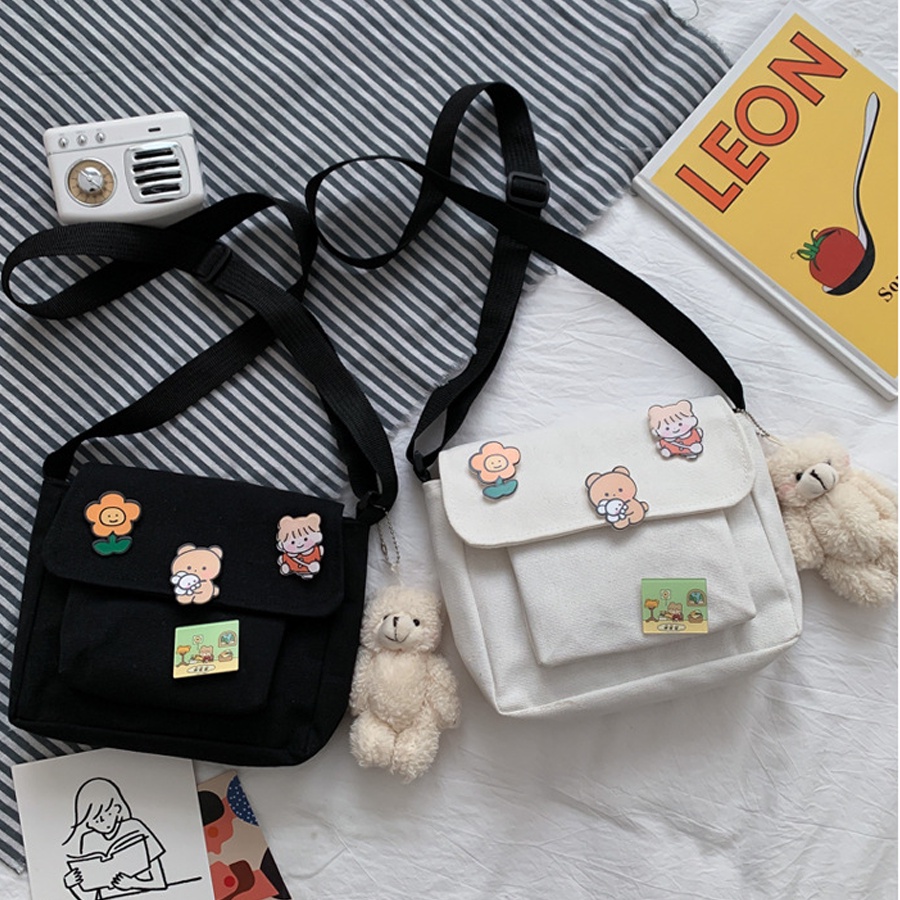 Túi Mini Đeo Chéo Vải Canvas Kèm 4 Sticker Siêu Dễ Thương Phong Cách Thời Trang.