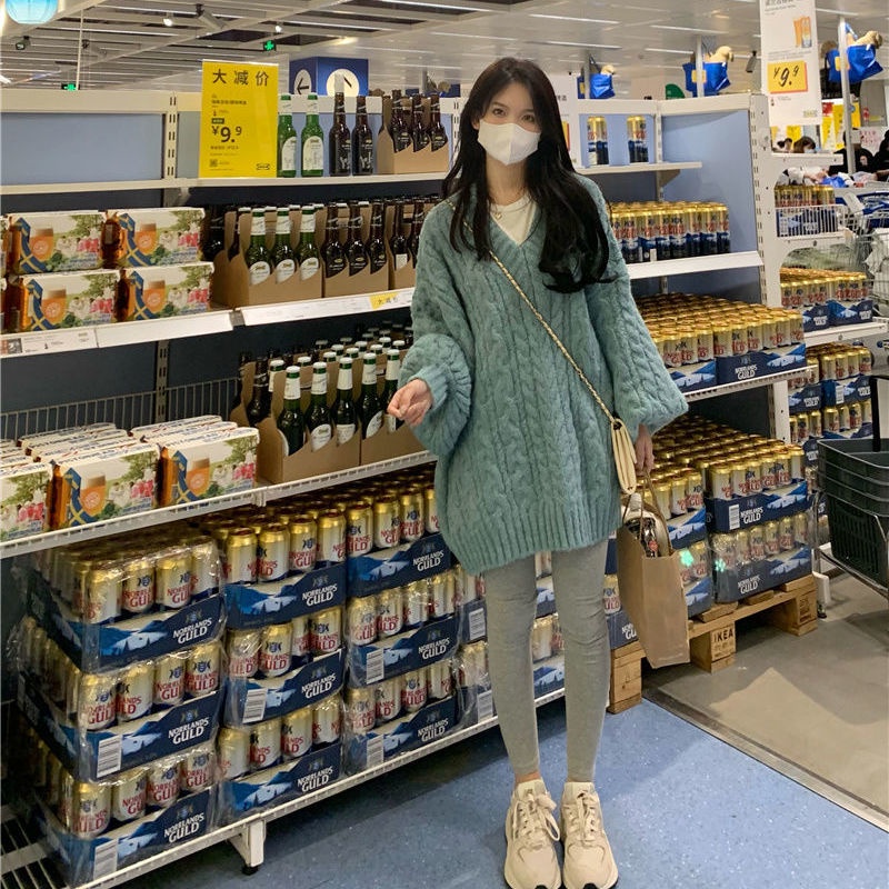 Áo Sweater Dệt Kim Cổ Chữ V Dáng Rộng Phong Cách Hàn Quốc Thời Trang Mùa Đông Cho Nữ