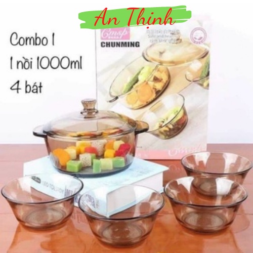 Bộ bát thủy tinh 5 món gồm 1 thố 4 chén