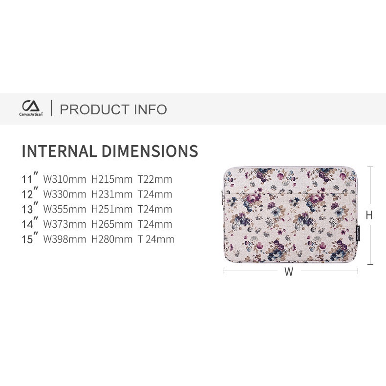 CanvasArtisan Túi đựng laptop bằng vải chống thấm nước họa tiết hoa cho Matebook M1 M2 Air Pro Acer Dell 11/12/13/14/15 inch