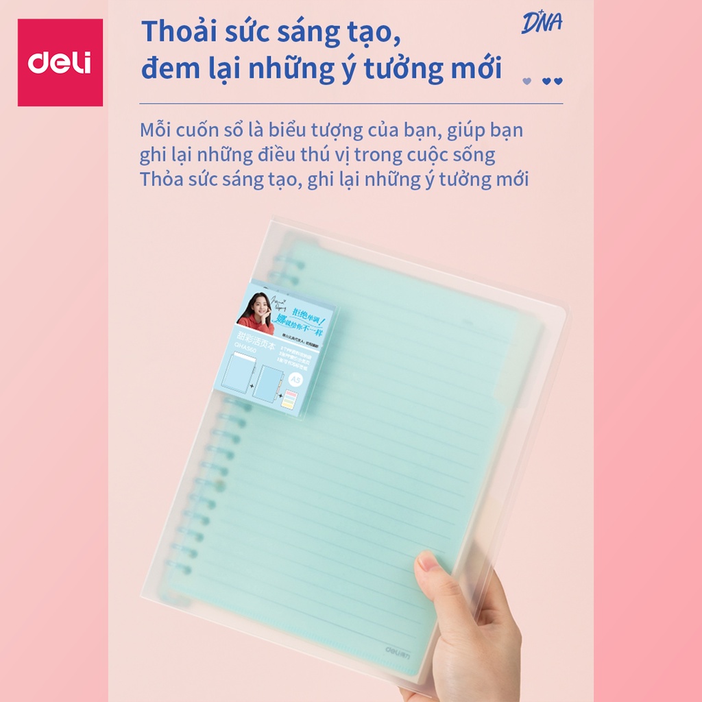 Sổ bìa còng kèm lõi Deli-gáy lò xo khổ A5/B5 có file lá phân và sticker đi kèm - 120 trang