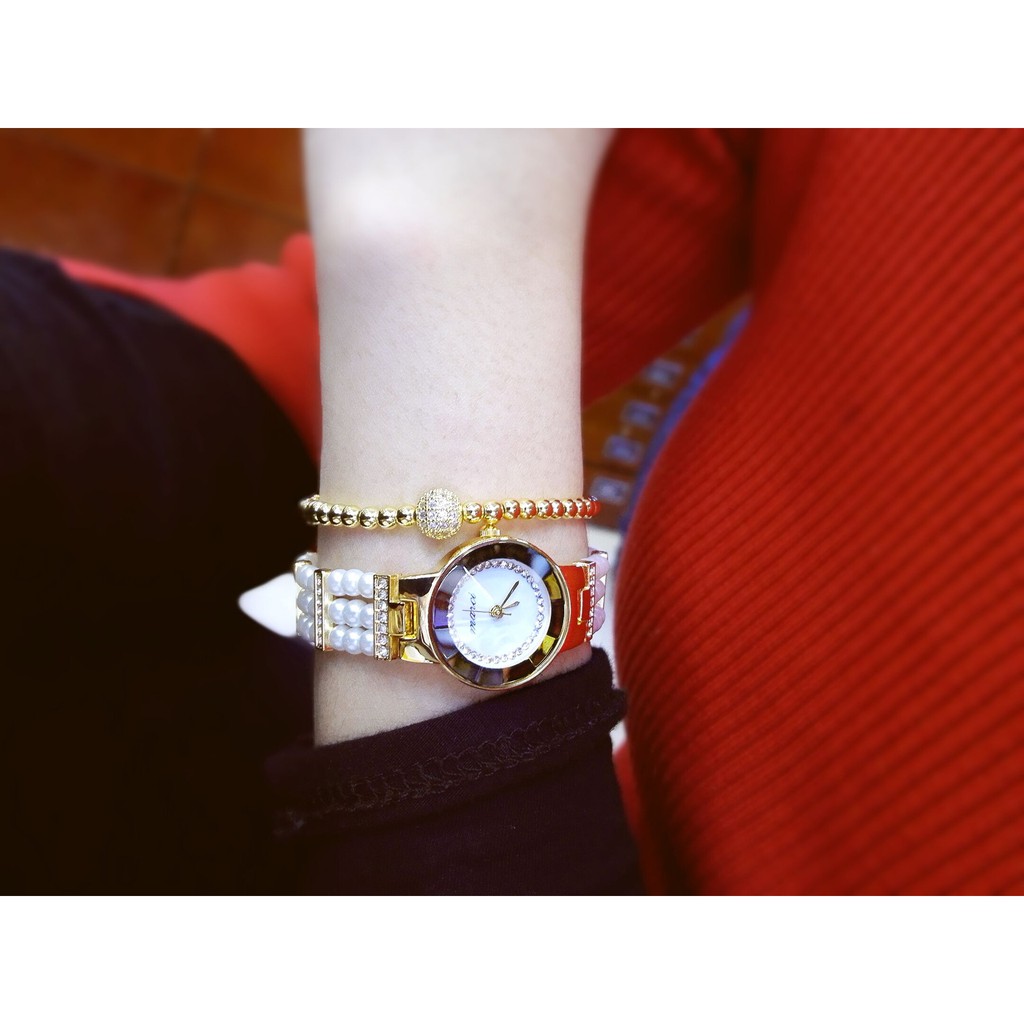 Đồng Hồ Nữ BS BEE SISTER FA1374 Dây Hạt Ngọc, Mặt Tròn Đa Giác Đính Đá Sang Trọng - CHÍNH HÃNG