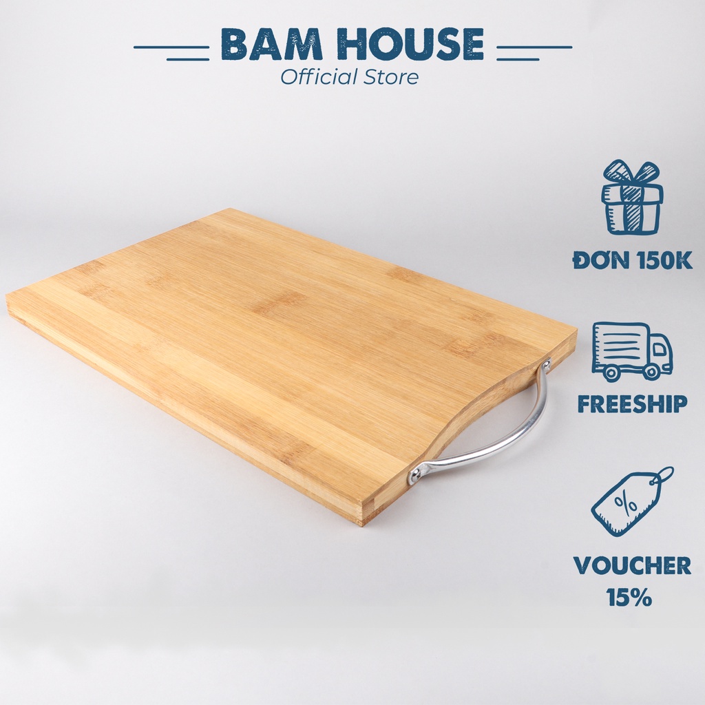Thớt gỗ tre Bam House loại dày kích thước lớn 20x30cm có tay cầm inox cao cấp TGT01