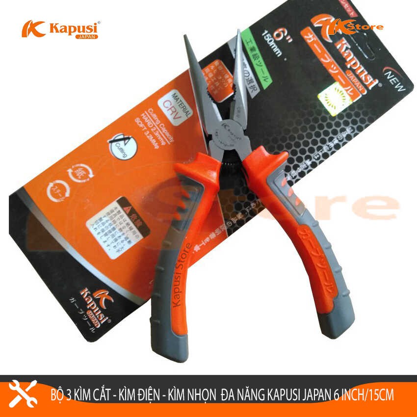 Bộ 3 Kìm Cắt - Kìm Điện - Kìm Nhọn Đa Năng Kapusi Japan 6inch/150mm Thép CRV Cao Cấp Siêu Bền,Kìm Cắt Dây Điện Kiểu Nhật