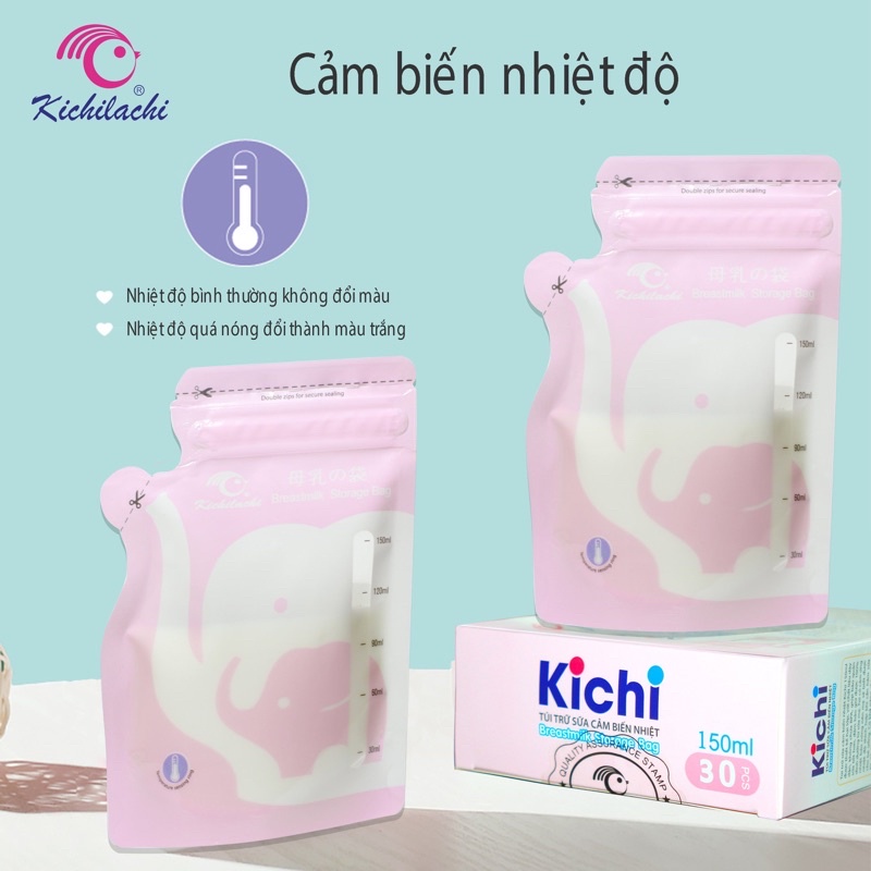 Hộp 30 Túi trữ sữa CẢM BIẾN NHIỆT KICHILACHI 150ml hình voi có vòi rót an toàn, tiện dụng cho bé