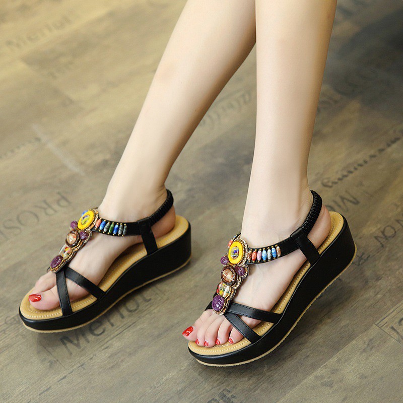 Sandal đế xuồng quai chéo, họa tiết thổ cẩm sang trọng, đế 5cm