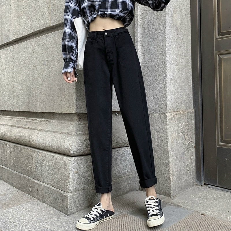 [Bigsize 54-88kg] Quần Baggy Jean Nữ Đen Trơn, Lưng Siêu Cao, Đứng Form, Không Giãn