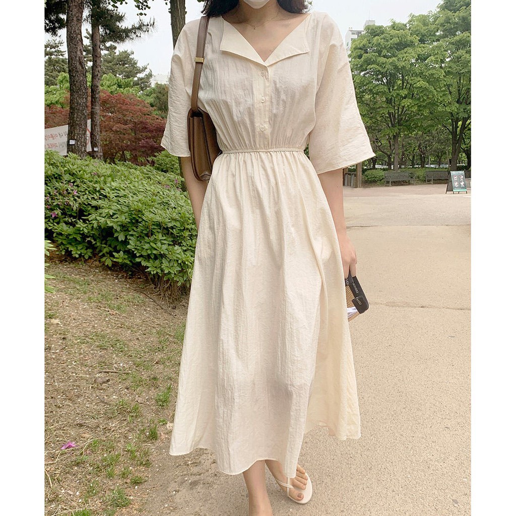 Đầm Peppermint 43636 dài tay ngắn cổ chữ V eo co giãn phong cách thời trang Hàn Quốc