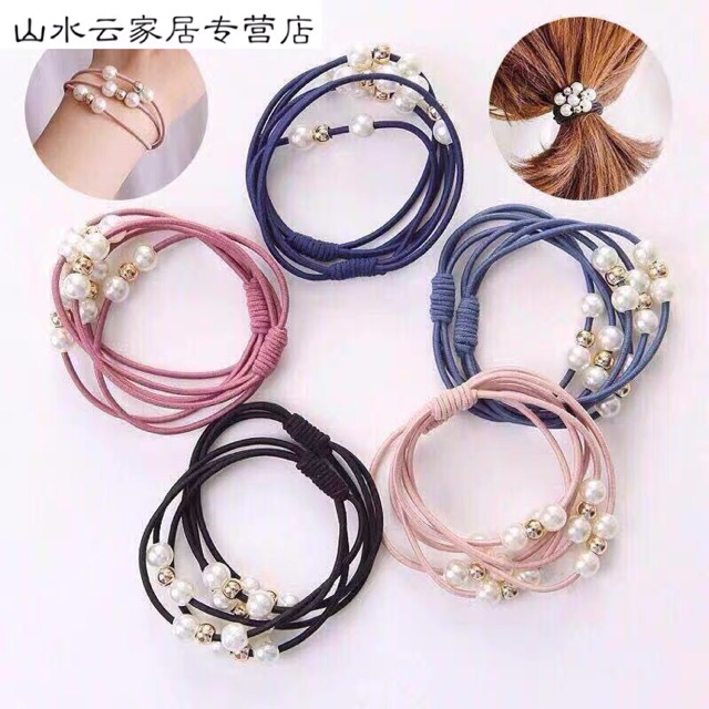 Vòng tay - dây buộc tóc 2in1 3 vòng dây phối hạt trai siêu xinh