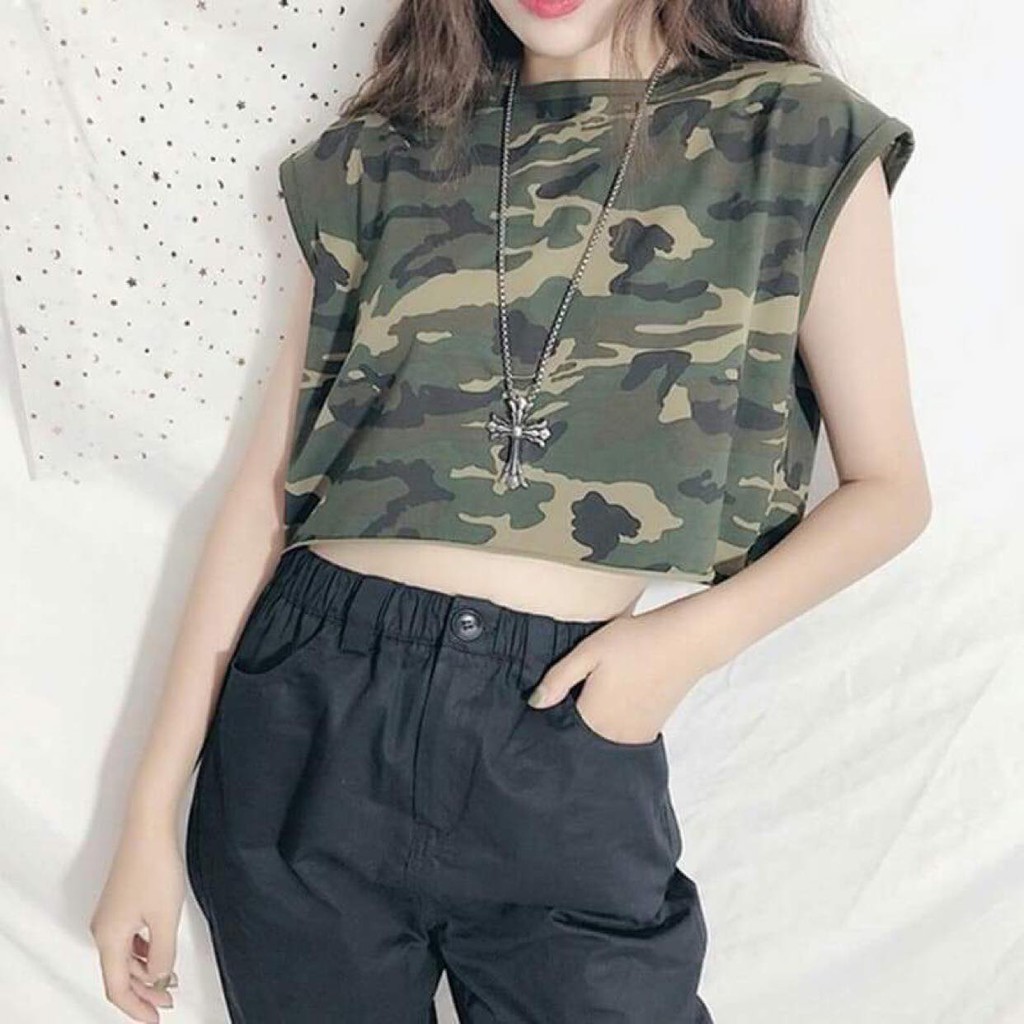 áo crop top camo cool ngầu dễ phối đồ cho các bạn nữ