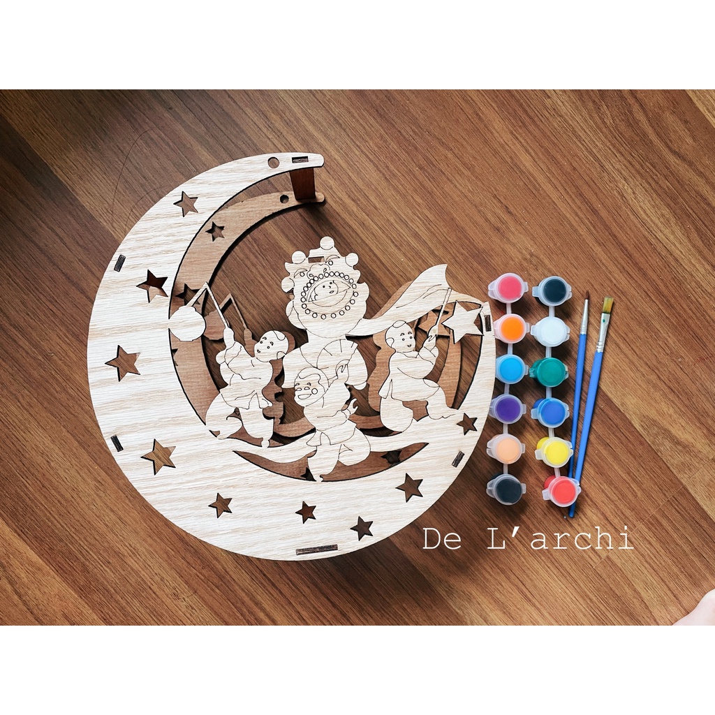 Đèn lồng trung thu bằng gỗ hình ông trăng tặng kèm 12 màu + 2 cọ