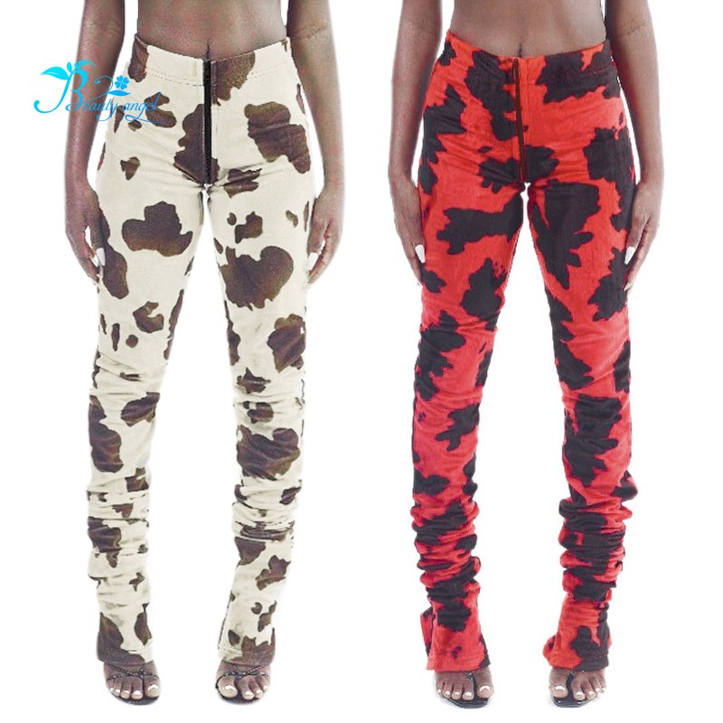 Quần Dài Lưng Cao Họa Tiết Da Bò Cá Tính Cho Nữ