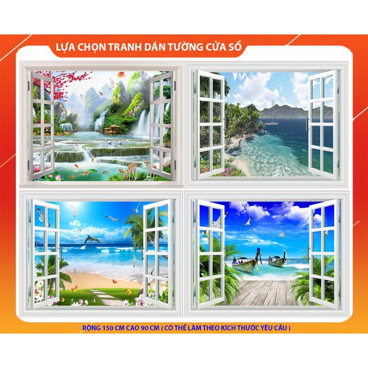 Tranh dán tường vải lụa phủ kim tuyến in hình cửa sổ 3D Kích thước 150 x 90