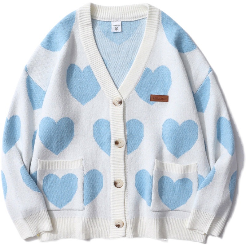 Áo Khoác Cardigan Dáng Rộng Họa Tiết Trái Tim Xinh Xắn Dành Cho Các Cặp Đôi