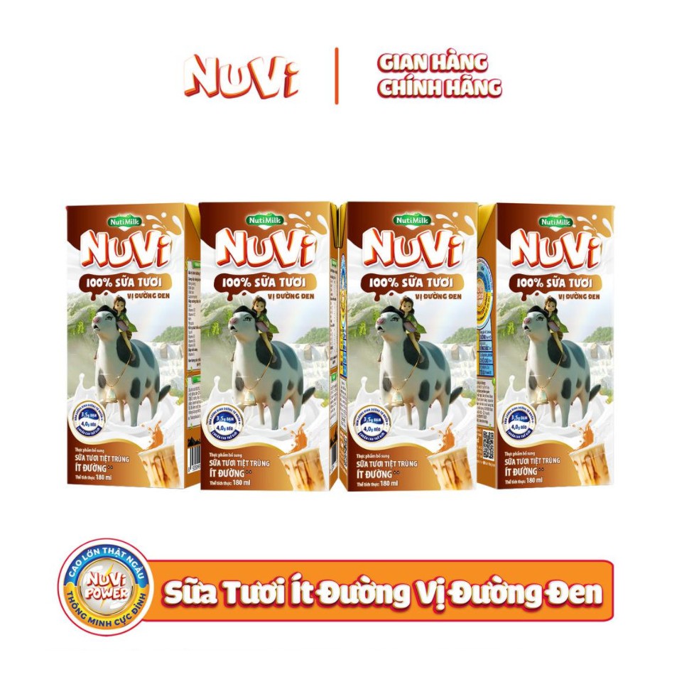 Lốc 4 hộp Nutifood NuVi 100% Sữa Tươi – Sữa Tươi Tiệt Trùng Ít Đường Vị Đường Đen hộp 180ml