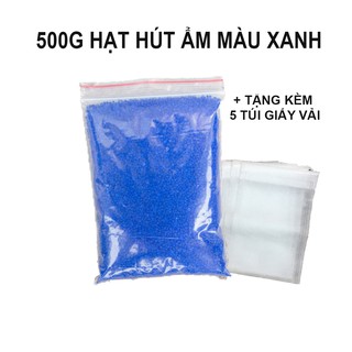 Gói 500g hạt hút ẩm silica gel màu xanh + kèm quà tặng 5 túi giấy vải