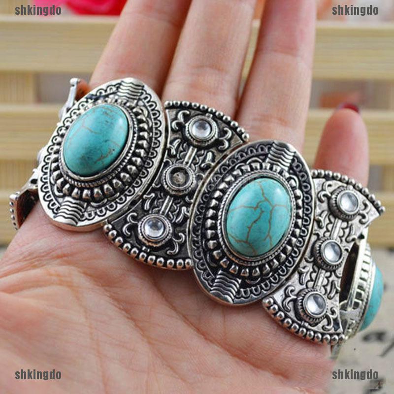 Vòng tay bản lớn đính hạt đá ngọc lam tự nhiên phong cách Boho