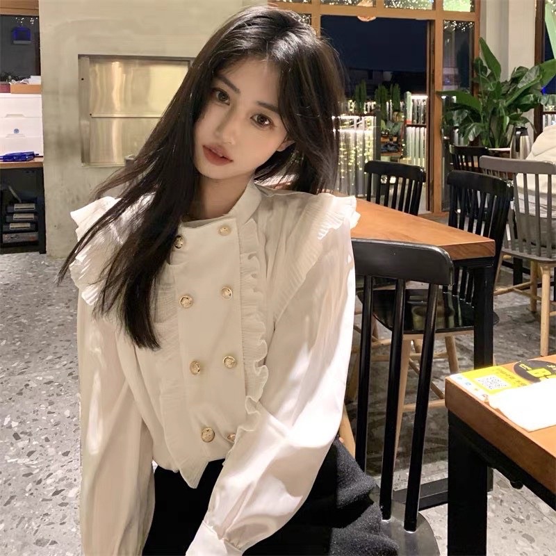 Áo sơ mi trắng cổ tàu xếp ly áo bánh bèo phối cúc đá sang chảnh A240 SUTANO