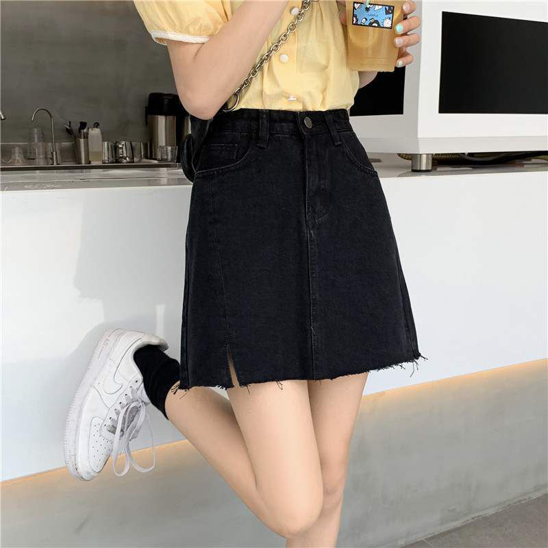 Chân Váy Jean Xẻ Gấu Dáng Chữ A Lưng Cao Cho Nữ