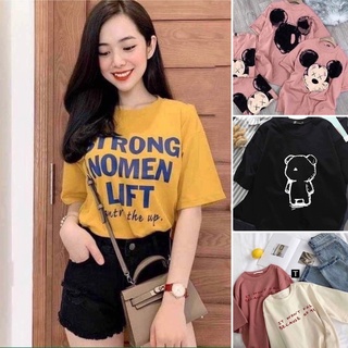 Áo thun nữ không cổ in hình basic freesize, áo thun nữ cổ tròn in hình basic freesize dưới 60kg