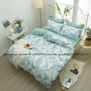 set chăn ga gối cotton poly lá chuối xanh