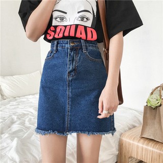 Chân váy jean nữ cạp cao thời trang, chân váy jean KABICO dáng chữ A tua gấu_T11