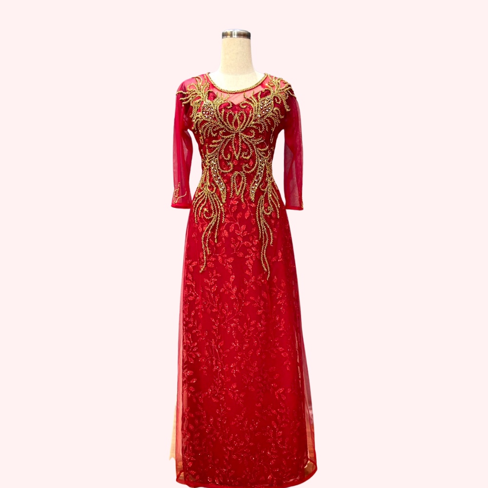 Áo Dài Bà Sui Cao Cấp Kim Sa 6 tà đính kết pha lê xịn và hạt cườm chiếc áo sáng và sang trọng cho bà sui