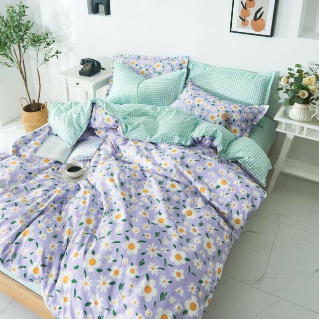 Bộ Chăn Ga Gối Hoa Tím Nhí Cotton Poly