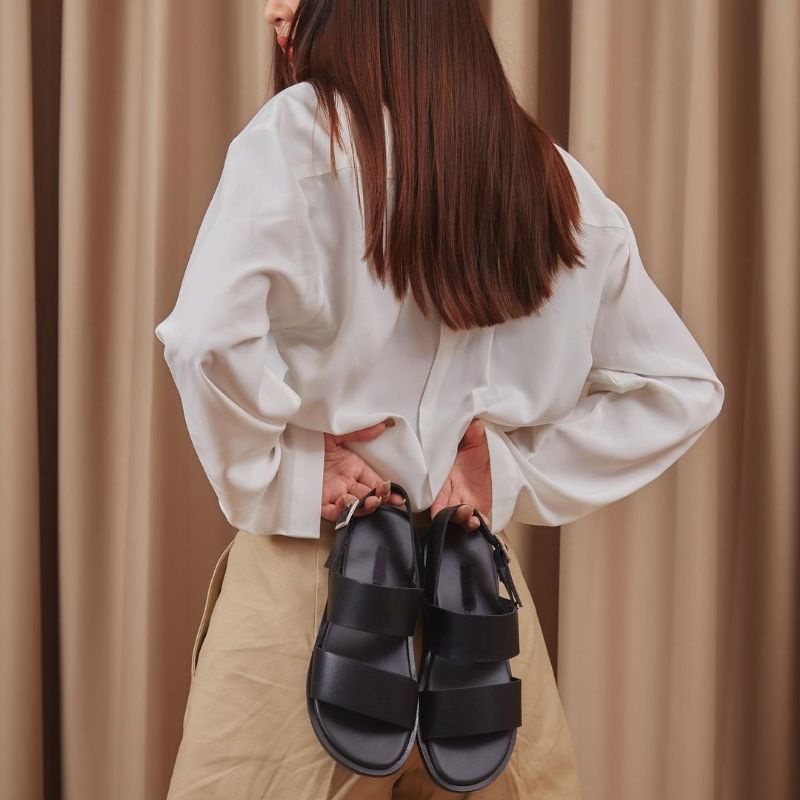 Dép sandal nam nữ da bò cao cấp quai ngang đế cao su non màu đen HORSE - QH01