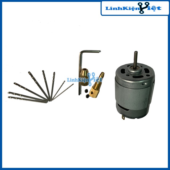 Khoan mini siêu khỏe chế từ động cơ 335 và phụ kiện V1 (01 đầu kẹp 2315, mũi khoan 0.8-1.0-1.2-1.5mm mỗi loại 2 chiếc)