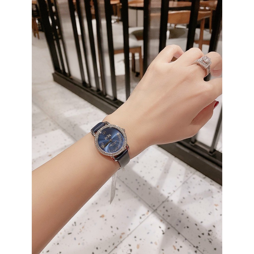 Đồng hồ nữ coach glitz 14502693 dây da / dây thép , mặt xanh viền đính đá , size 28mm