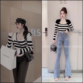 Áo len tăm sọc cổ vuông đính khuy vàng hai bên tay dài hàng QC!