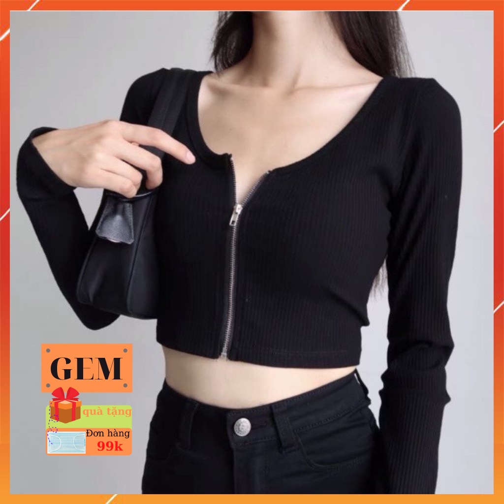 Áo croptop tay dài kiểu dây kéo chất thun gân mềm mát , croptop nữ cổ vuông