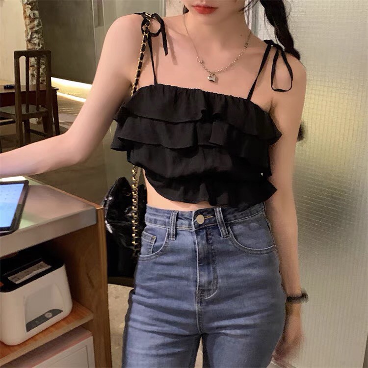 Áo Croptop nữ  2 dây nơ vai bèo tầng THUS, Aó 2 dây đũi trơn kiểu bánh bèo tiểu thư