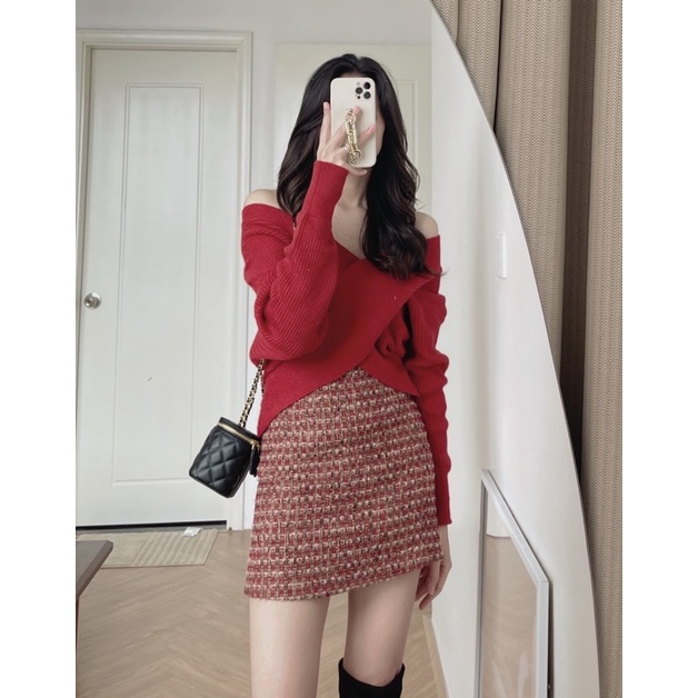 (ảnh thật) Audrey Chân váy dạ tweed đỏ 991 | BigBuy360 - bigbuy360.vn