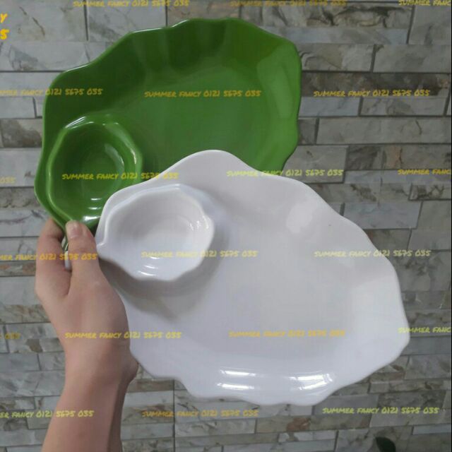 Dĩa lá kèm chén tương 32cm đen, trắng, xanh lá melamine phíp - Leaf shape dish F-DTC08