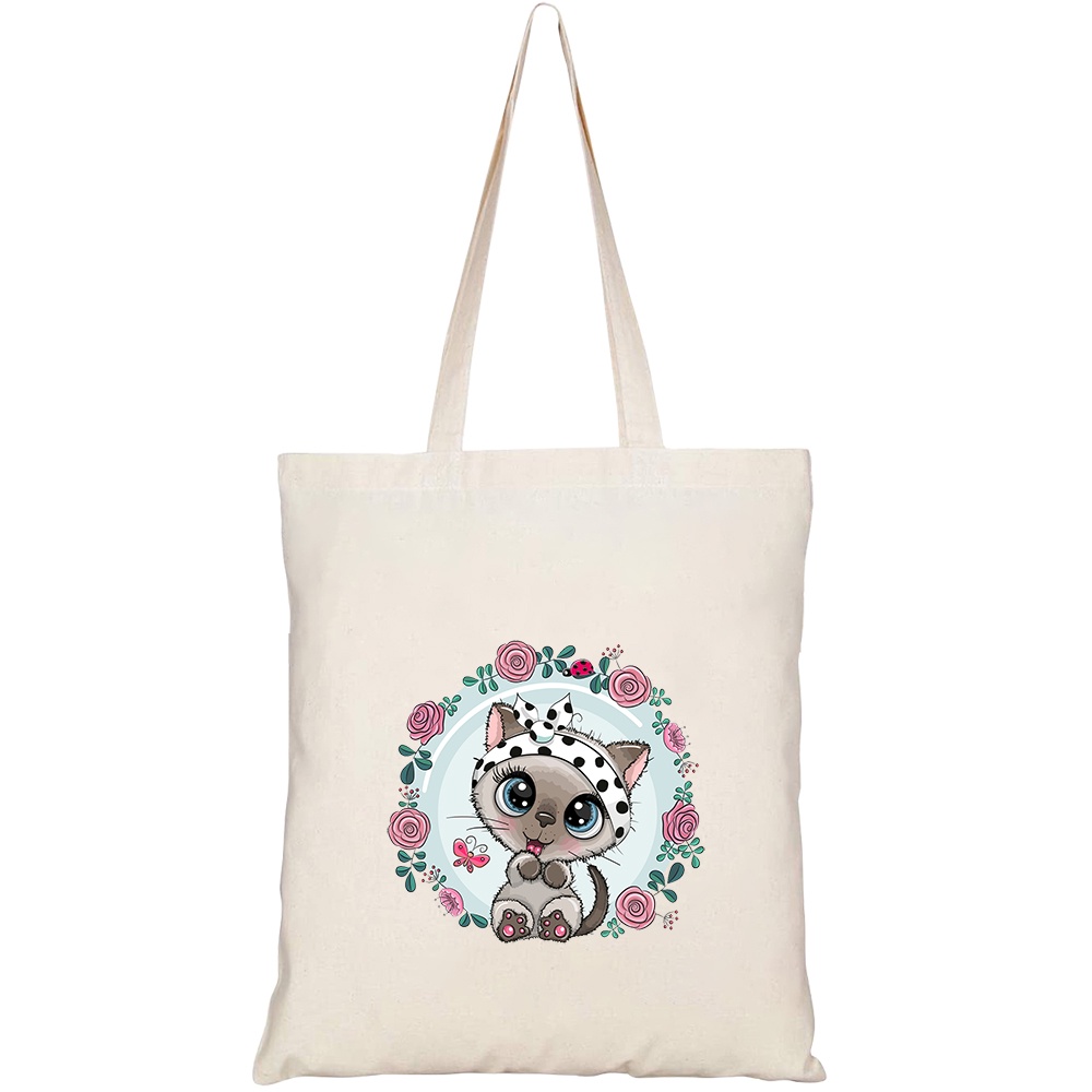 Túi vải tote canvas HTFashion in hình greeting card cute cartoon kitten HT490