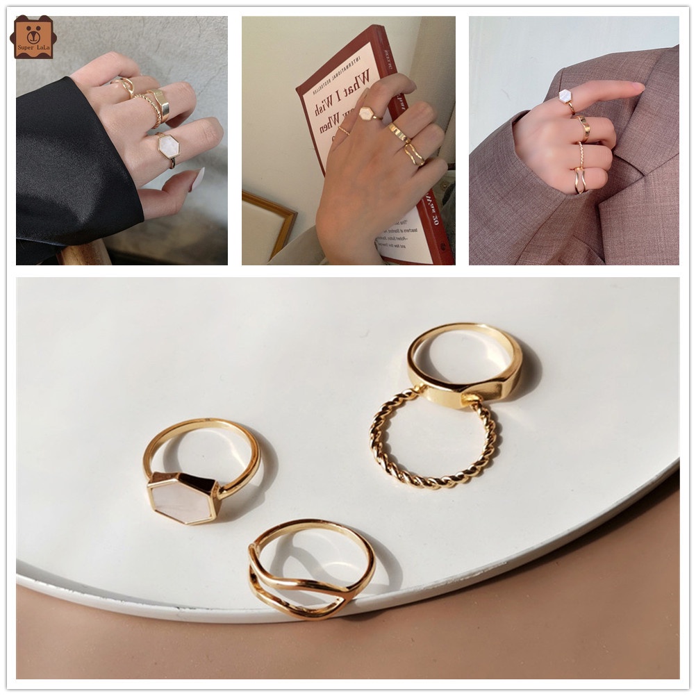 Bộ 4 cái nhẫn đeo ngón kiểu dáng đơn giản thời trang Hàn Quốc sành điệu cho nữ