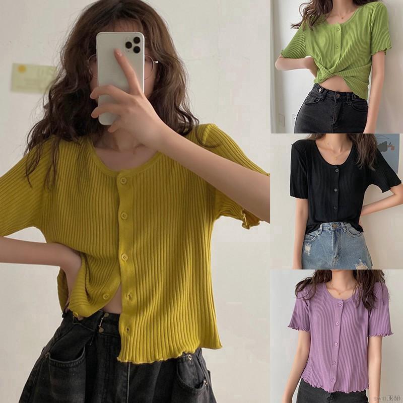 Áo Lửng Dệt Kim Tay Ngắn Cổ Tròn Phối Khuy Cài Hợp Thời Trang Cho Nữ