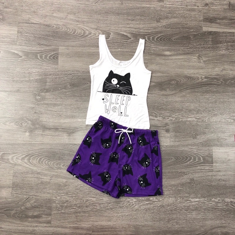 BEUCLOSET -Set mặc nhà F21 họa tiết mèo đáng yêu