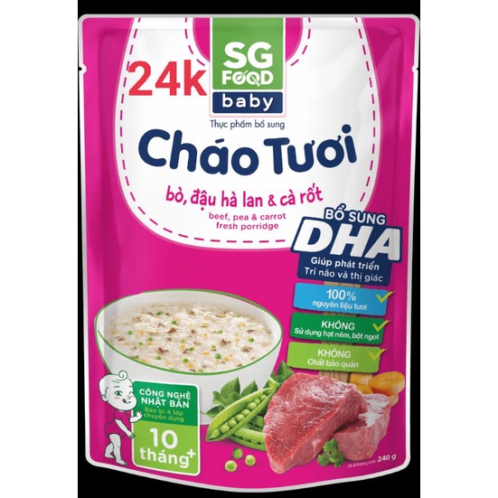 Combo 30 gói Cháo Tươi Baby DHA SG Food 240g Mix 3 Vị Cá Hồi & Bò & Gà ( Mỗi Vị 10 Gói )