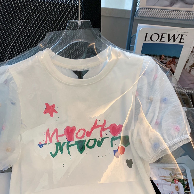 Áo Thun Tay Ngắn Phồng Phối Lưới In Họa Tiết Dễ Thương Thời Trang Cho Nữ