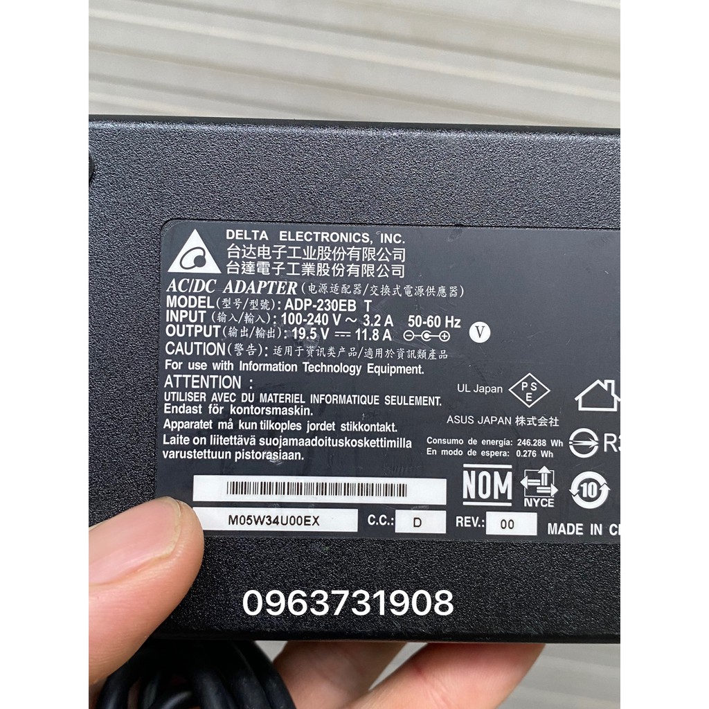 [Mã 273ELHA100K0 hoàn 7% đơn 500K] Sạc laptop DELTA ELECTRONICS,INC MODEL ADP-230EB T 19.5V-11.8A