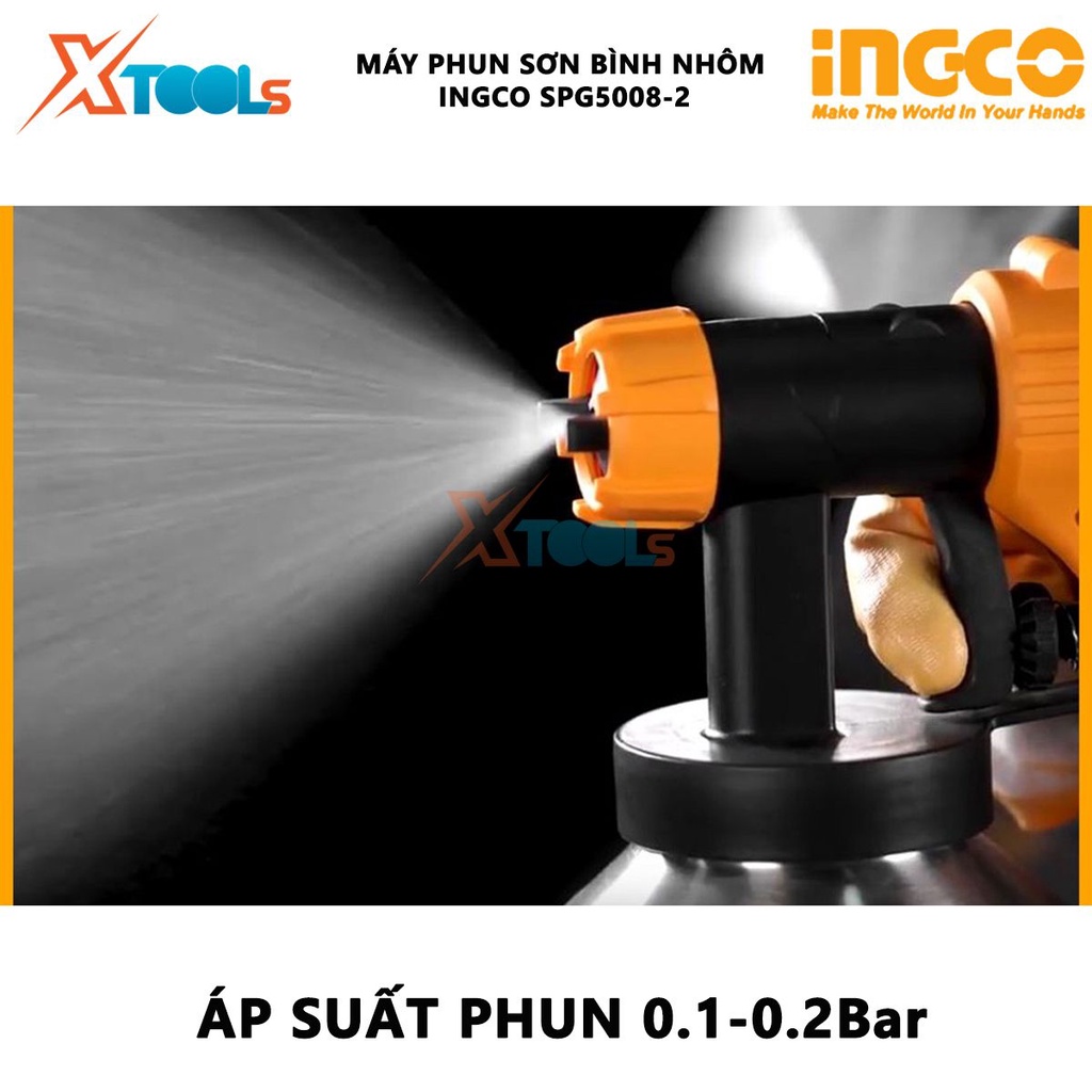 Máy phun sơn INGCO SPG5008-2 Máy phun sơn dùng điện Công suất: 550W, Áp suất phun:0.1-0.2Bar, Lưu lượng tối đa: 850m/ ph