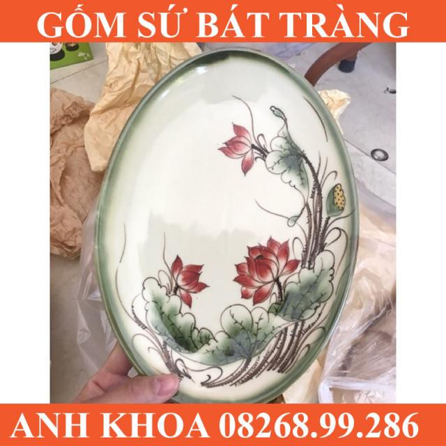 Đĩa bầu dục vẽ hoa sen Bát Tràng số 2 - Gốm sứ Bát Tràng Anh Khoa